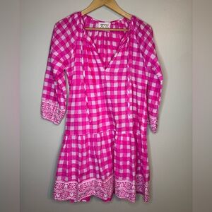 SZ Blockprint Pink Gingham Mini Dress Size S Boho Border Print V-Neck Summer